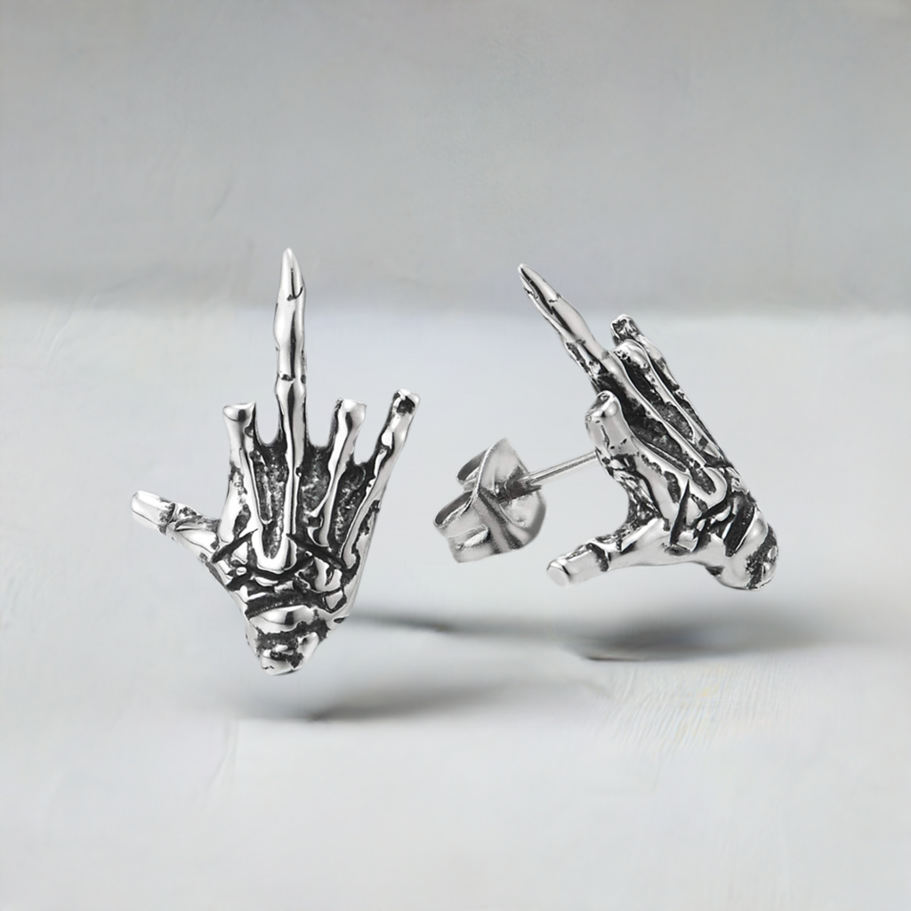 Mens Womens Stainless Steel Vintage Hand Skeleton Bone Stud
