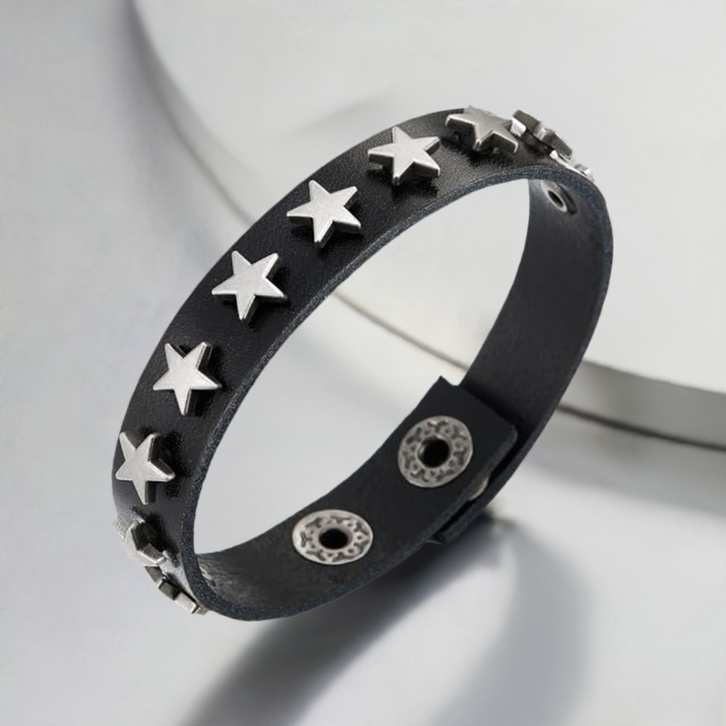 COOLSTEELANDBEYOND Convex Star Rivets Black Leather Bracelet, Punk