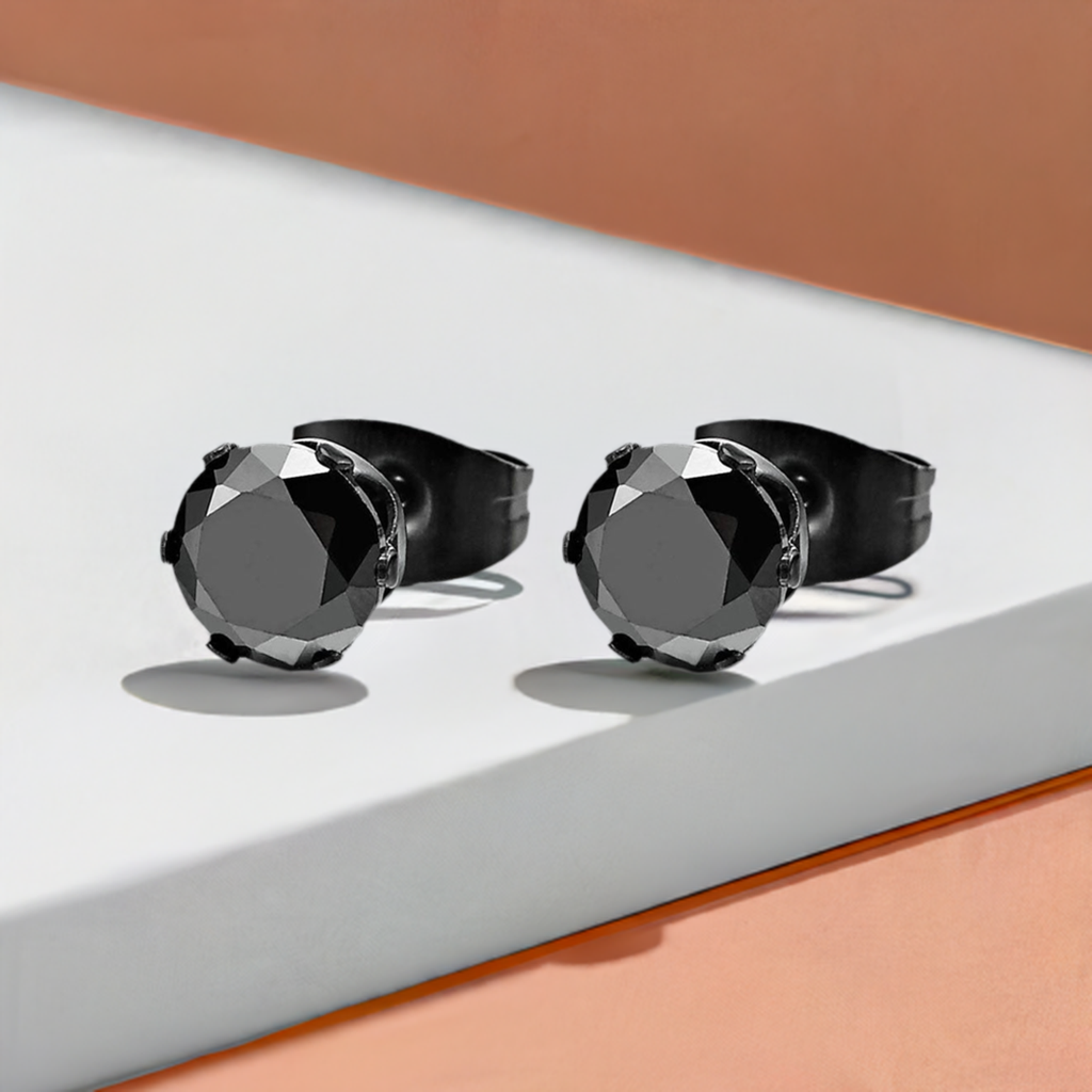 3-8MM Black Cubic Zirconia Mens Ladies Black Stud Earrings
