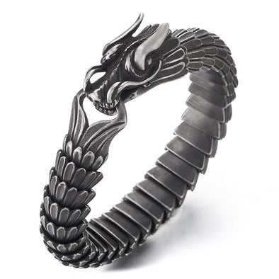 Retro Style Mens Steel Dragon Link Chain Bracelet, Vintage Finishing, Spring Hook Clasp - COOLSTEELANDBEYOND Jewelry