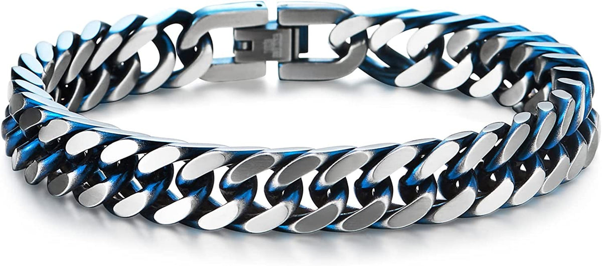 COOLSTEELANDBEYOND Uomo Acciaio Inossidabile Due Ranghi Argento Nero Piazza Barbozzale Braccialetto, Bracciale Catena di Franco