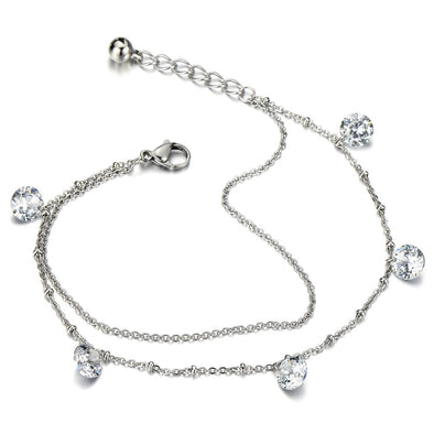 COOLSTEELANDBEYOND Tow-Row Anklet Bracelet Stainless Steel with Dangling Cubic Zirconia - COOLSTEELANDBEYOND Jewelry