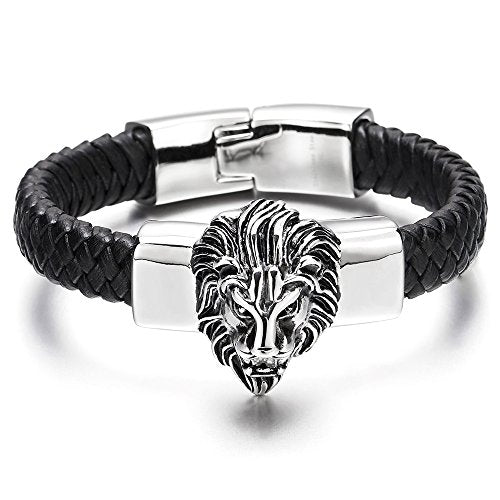 COOLSTEELANDBEYOND Mens Large Braided Leather Bracelet with Stainless Steel Lion and Black Genuine Leather Straps - coolsteelandbeyond
