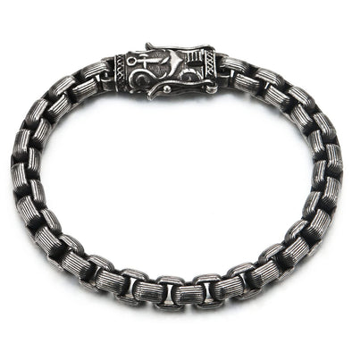 Mens Steel Stripes Link Chain Bracelet with Marine Anchor Click-on Clasp, Old Metal Finishing - COOLSTEELANDBEYOND Jewelry