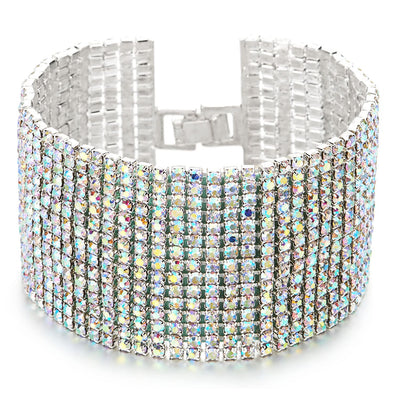 Dazzling Rainbow Rhinestones Pave Cluster Wide Bangle Bracelet - COOLSTEELANDBEYOND Jewelry