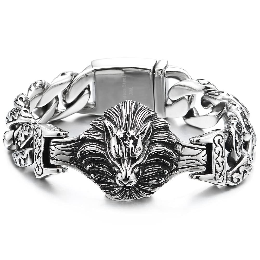 CoolSteelAndBeyond Men’s Lion Head Tribal Curb Chain Bracelet — Stainless Steel Biker-Style Bracelet - View #4