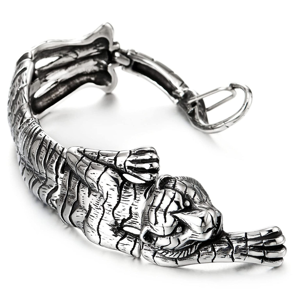 COOLSTEELANDBEYOND Men's Tiger Bangle Bracelet - Stainless Steel, Black & Silver Two-Tone - View #6