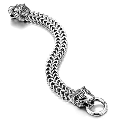 Mens Steel Franco Link Curb Chain Bracelet with Vintage Tiger Head Spring Ring Clasp 8.5 Inches - COOLSTEELANDBEYOND Jewelry
