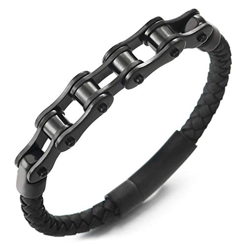 Mens Steel Silver Black Motorcycle Bike Chain Black Braided