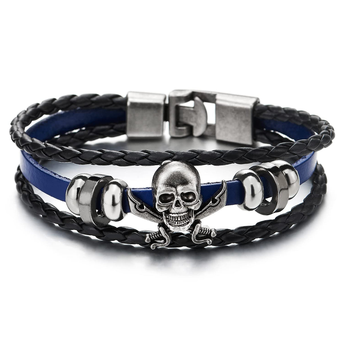 Mens Women Sword Pirate Skull Blue Braided Leather Bracelet Multi-Strand Leather  Wristband Bracelet – COOLSTEELANDBEYOND Jewelry