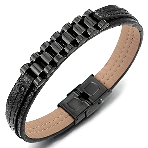Steel Mens Black Link Chain ID Identification Layered Black Leather