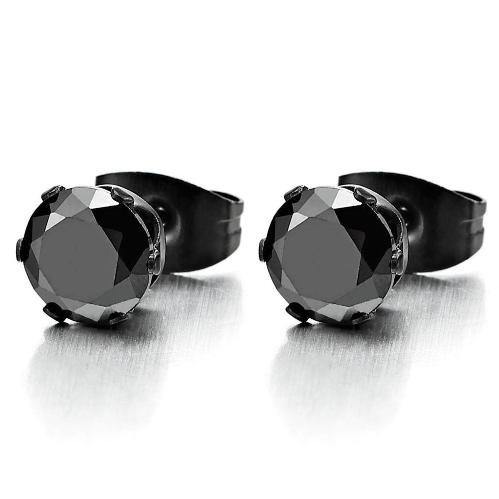 3-8MM Black Cubic Zirconia Mens Ladies Black Stud Earrings