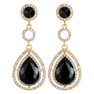 Event Banquet Prom Party Rhinestone Black Crystal Teardrop Dangle Drop Large Gold Statement Earrings - COOLSTEELANDBEYOND Jewelry