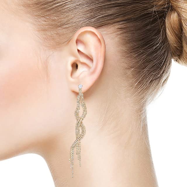 Sparkling Rhinestone Cluster Rose Gold Long Dangle Tassel Earrings,