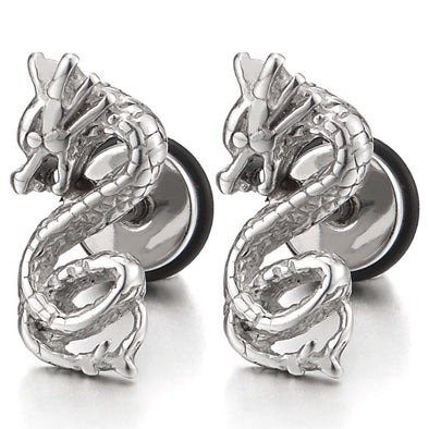 Stainless Steel Pair Mens Dragon Stud Earrings, Screw Back - coolsteelandbeyond