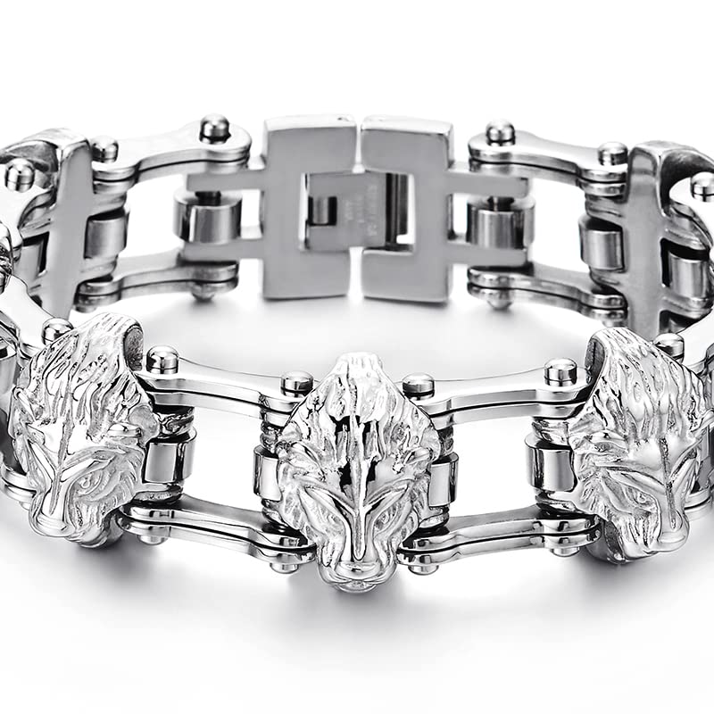 COOLSTEELANDBEYOND Men's Heavy Stainless Steel Bike Chain Wolf Head Bracelet - Silver, 8.66" Length