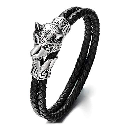 Men's Stainless Steel Wolf Head Bracelet - Genuine Blue Braided Leather, 22cm (8.66") - View #6
