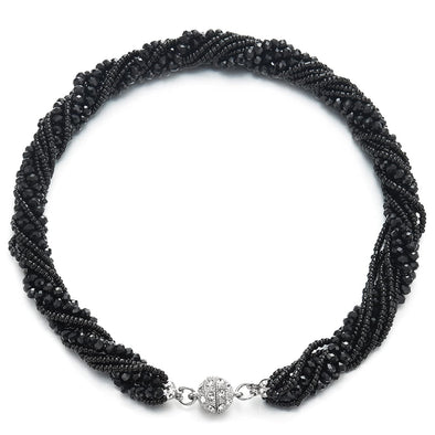 Black Statement Necklace Multi-Layer Beads Crystal Braided Chain Choker Collar Magnetic Clasp - COOLSTEELANDBEYOND Jewelry