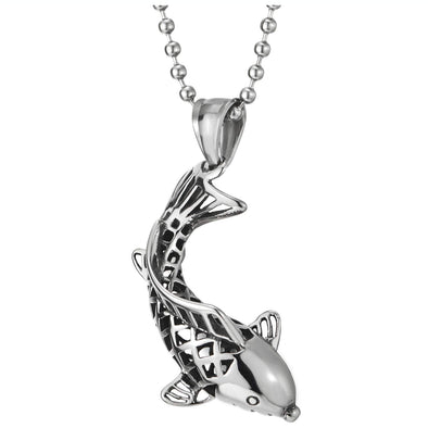 Mens Women Lucky Koi Fish Goldfish Pendant Necklace Stainless Steel, 23.6 in Ball Chain Unique - COOLSTEELANDBEYOND Jewelry