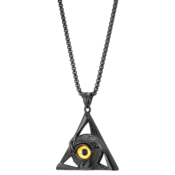 Steel Yellow Evil Eye Protection Hands Black Triangle Pendant Necklace for Men Women 30 Wheat Chain - COOLSTEELANDBEYOND Jewelry