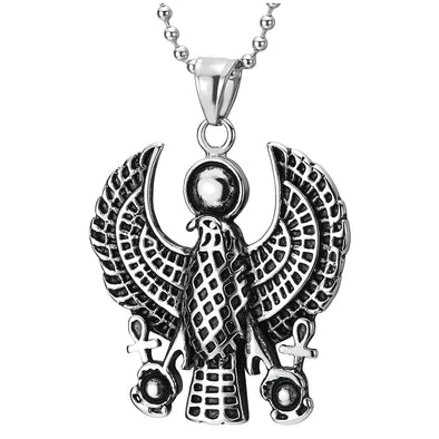 Men Women Stainless Steel Vintage Grid Checker Egyptian Horus Bird Pendant Necklace with Ankh Cross - COOLSTEELANDBEYOND Jewelry