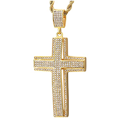 Mens Women Sparkling Gold Color Steel Large Two-layers Cross Pendant Necklace, Cubic Zirconia Pave - COOLSTEELANDBEYOND Jewelry
