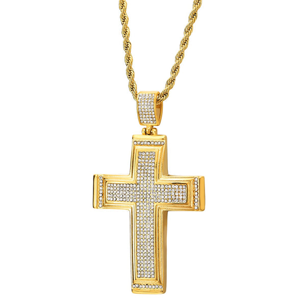 Mens Womens Large Gold Color Steel Cross Pendant Necklace with Cubic Zirconia Pave, 30 in Rope Chain - COOLSTEELANDBEYOND Jewelry