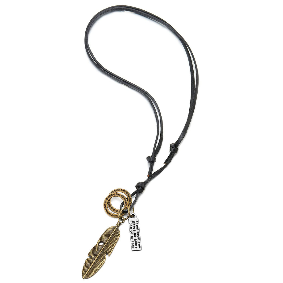 Retro Style Aged Brass Feather Pendant with Adjustable Brown 
