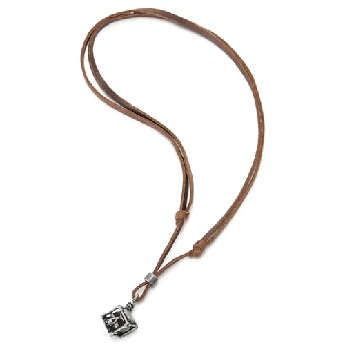 COOLSTEELANDBEYOND Mens Vintage Cube Skull Charm Pendant Necklace with Adjustable Brown Leather Cord