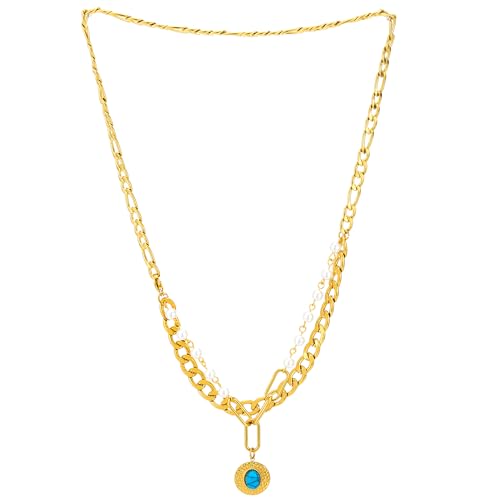 Hip Hop Gold Color Chain Layered Necklace, Two-strand Pearl Necklace with Circle Turquoise Charm