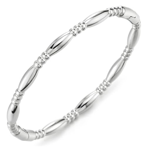 COOLSTEELANDBEYOND Stylish Bangle Bracelet for Women Stainless Steel, Bead and Bar Design, Polished