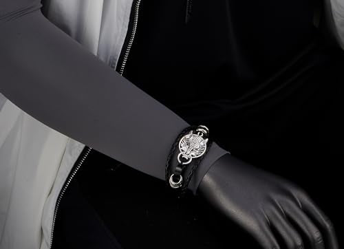 COOLSTEELANDBEYOND Circle of Wolf, Black Braided Leather Bracelet Multi-Strand Leather Wristband Wrap Bracelet for Men