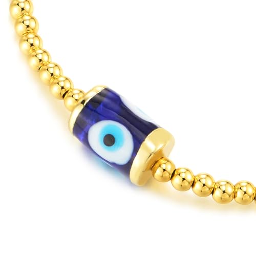 COOLSTEELANDBEYOND Gold Color Bead Chain Bracelet with Protection Evil Eye, for Womens, Adjustable