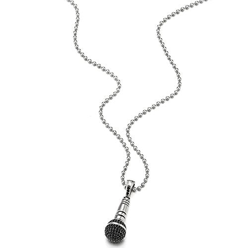 COOLSTEELANDBEYOND Mens Women Steel Microphone Pendant Necklace with Black Cubic Zirconia, 23.6 inches Ball Chain