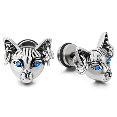 Mens Womens Cat Stud Earrings in Stainless Steel, Blue Eye CZ, Screw Back, Punk Rock Biker, 2 pcs