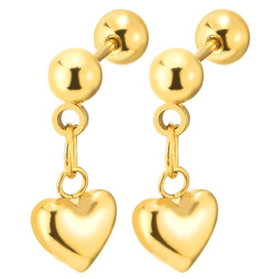 Gold Color Barbell Circle Stud Earrings with Dangling Hearts Womens Stainless Steel, Screw Back