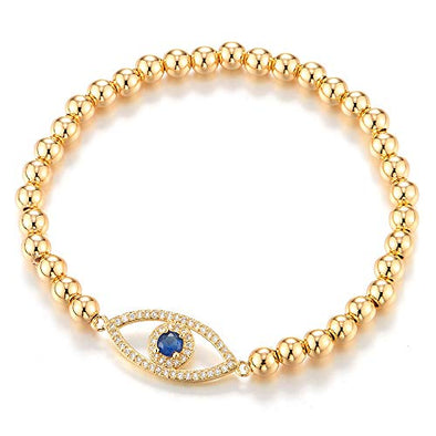 COOLSTEELANDBEYOND Protection Evil Eye Beads Bracelet for Women with Blue and White Cubic Zirconia