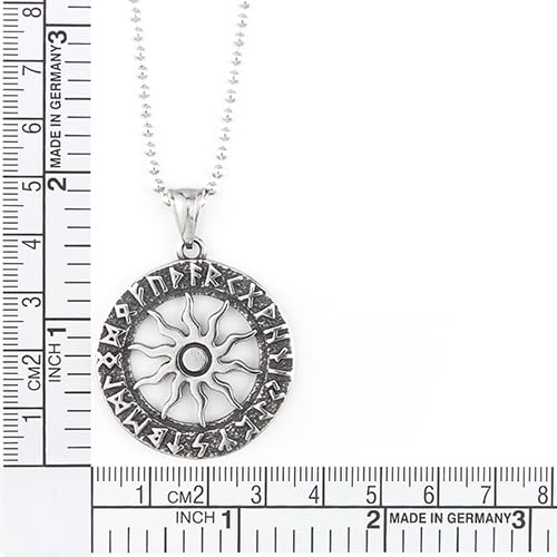 COOLSTEELANDBEYOND Sun Disk Amulet Talisman Wheel Pendant with Old Futhark, Mens Steel Necklace Medallion Circle Medal