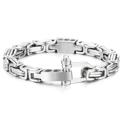 COOLSTEELANDBEYOND Byzantine Link Chain Bangle Bracelet for Men, Anchor Shackle Marine Screw Clasp, Steel Mechanic