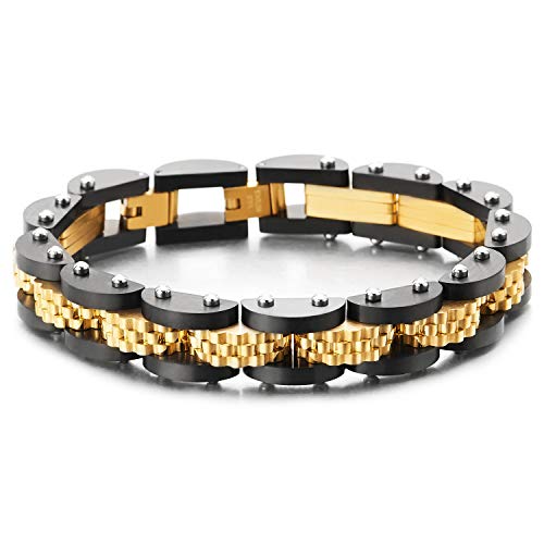 COOLSTEELANDBEYOND Stainless Steel Black Gold Convex Dotted Charms Link Bracelet Heavy-Duty Jewelry for Man
