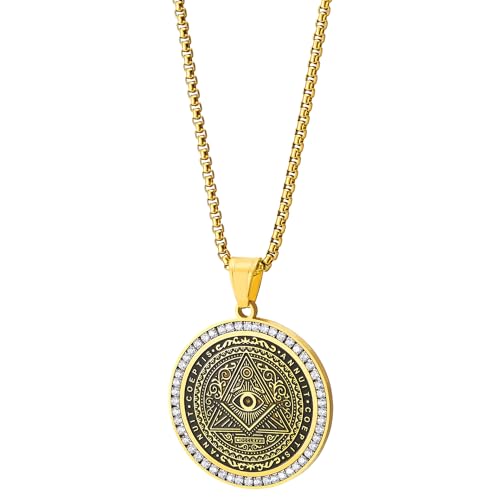 COOLSTEELANDBEYOND Circle Pendant All-seeing Eye of God Inside Triangle Pyramid, Gold Black with CZ, Mens Necklace