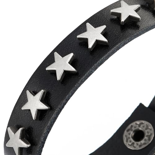 COOLSTEELANDBEYOND Convex Star Rivets Black Leather Bracelet, Punk Rock Biker Wristband for Men Women, Buckle Clasp