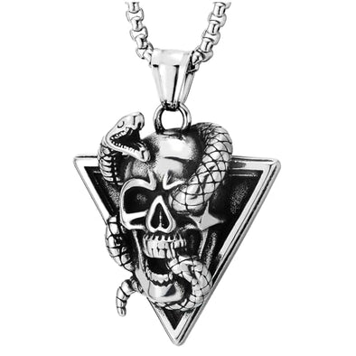 COOLSTEELANDBEYOND Triangle Snake Skull Pendant, Men Stainless Steel Necklace, Punk Rock, 30 inches Wheat Chain