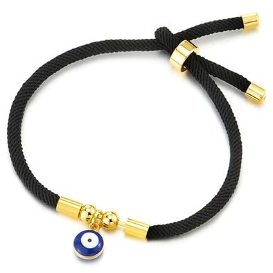 COOLSTEELANDBEYOND Protection Evil Eye Bead Charms, Black Cotton Rope Wrap Bracelet Wristband, for Women