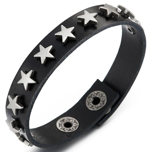 COOLSTEELANDBEYOND Convex Star Rivets Black Leather Bracelet, Punk