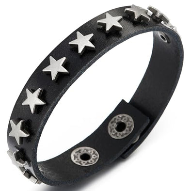 COOLSTEELANDBEYOND Convex Star Rivets Black Leather Bracelet, Punk Rock Biker Wristband for Men Women, Buckle Clasp