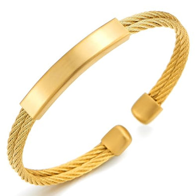 COOLSTEELANDBEYOND Gold Color Twisted Wire Cuff Bangle Bracelet, Mens Womens, Stainless Steel, Adjustable