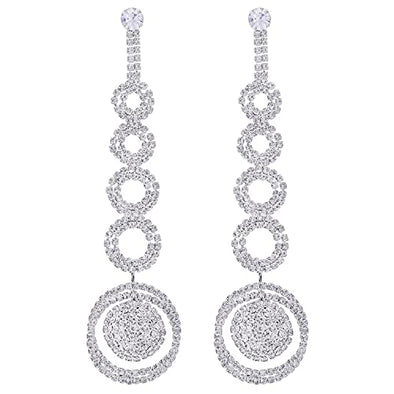 Rhinestone Statement Earrings, Long Dangle Circle Link Chandelier Earrings, Bridal Wedding Prom