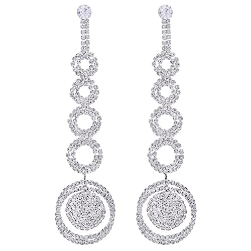 Rhinestone Statement Earrings, Long Dangle Circle Link Chandelier Earrings, Bridal Wedding Prom