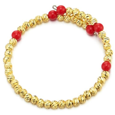 COOLSTEELANDBEYOND Gold and Red Beads Bangle Cuff Bracelet for Women, Elastic Adjustable